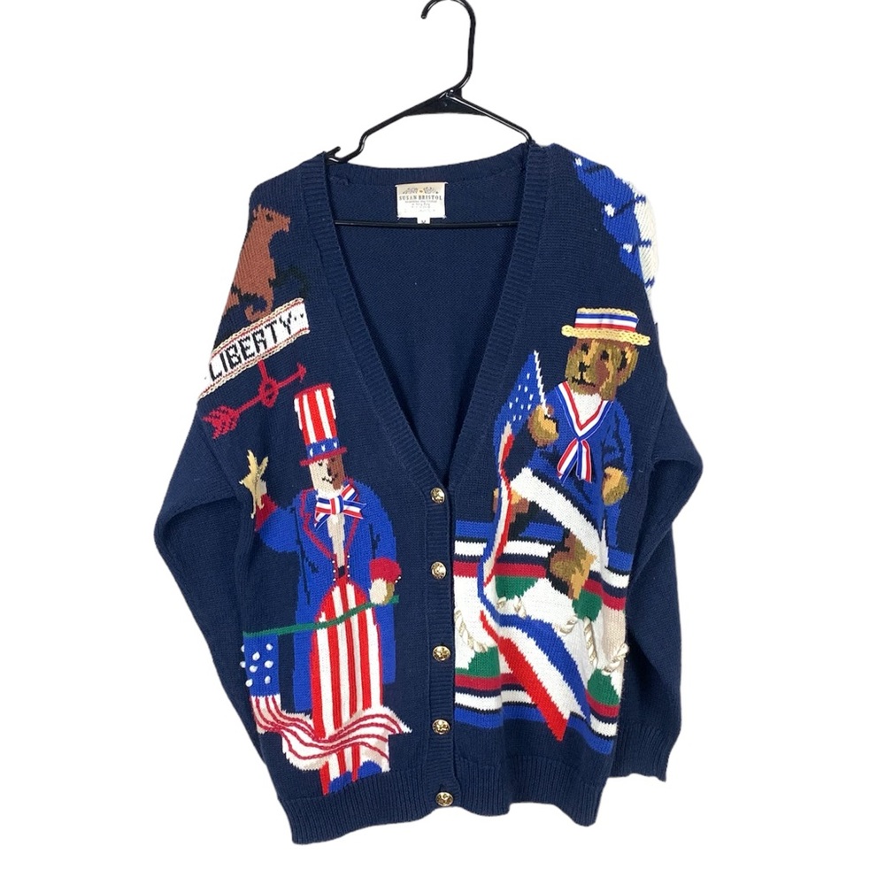 American Vintage Blue Cardigan with Patriotic Design